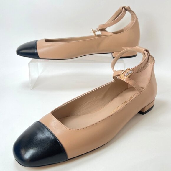 Stuart Weitzman Eden Strap Shoes Ballerina Flats Tan Black Women Size 39 US8.5 - Picture 1 of 13